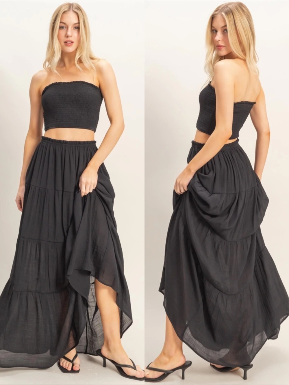 NEW HYFVE Black Smocked Tube Top & Tiered Maxi Skirt Set Size Large